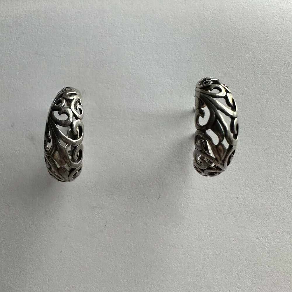 Vintage 925 Sterling Silver Earrings Hoop Floral Ornament Filigree
